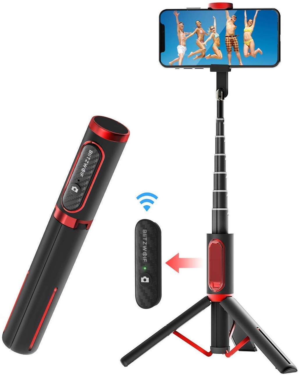 BlitzWolf’s all in one selfie tripod in a black and red color