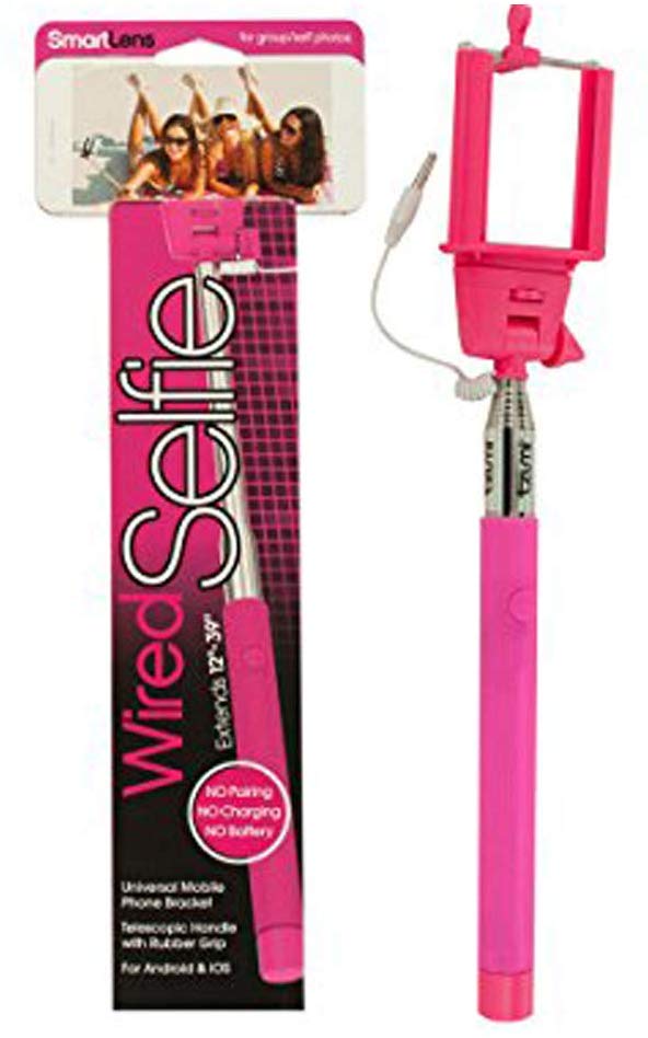 A pink selfie stick with wires.