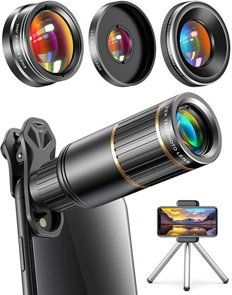 Interchangeable camera lens with wide angel, fish eye and colored filter lenses