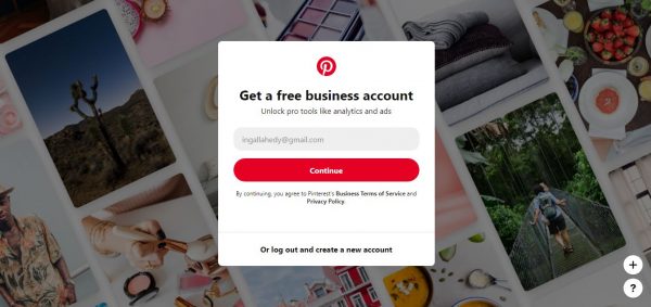 A pop up message that reads "get a free business account" on Pinterest
