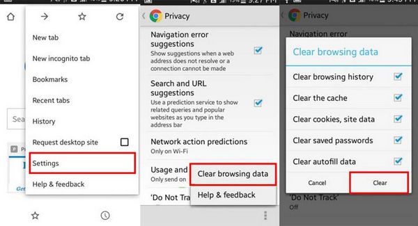 clear cache and cookies in android