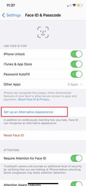 User interface in an iPhone Settings app