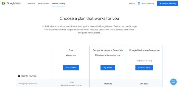 google meet's pricing