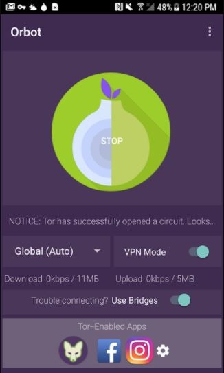 Orbot: Tor has a central home button for activating the new IP address before browsing