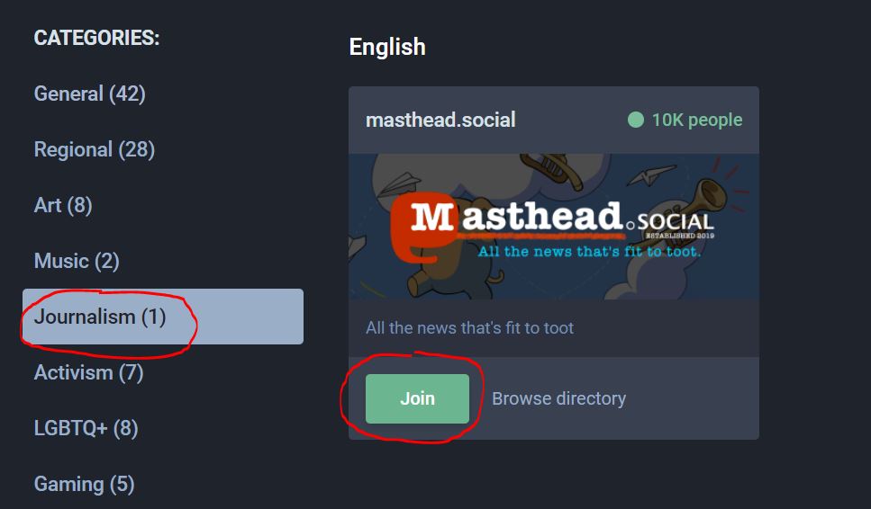 Photo showing choosing an Instance on Mastodon social media