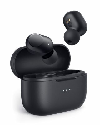 Black wireless earbuds and charging case