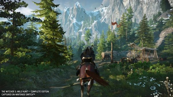Witcher III gameplay with Geralt of Rivia exploring on horseback.