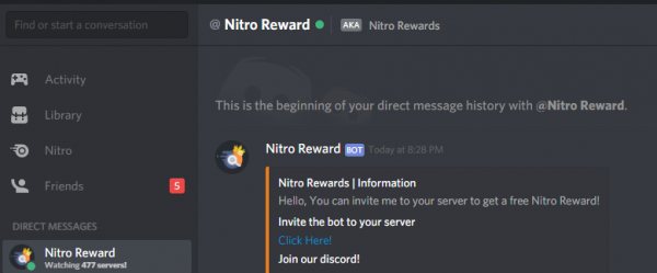 A fake Discord bot offering Nitro for free
