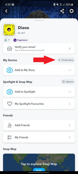Select '+ Private Story' on Snapchat