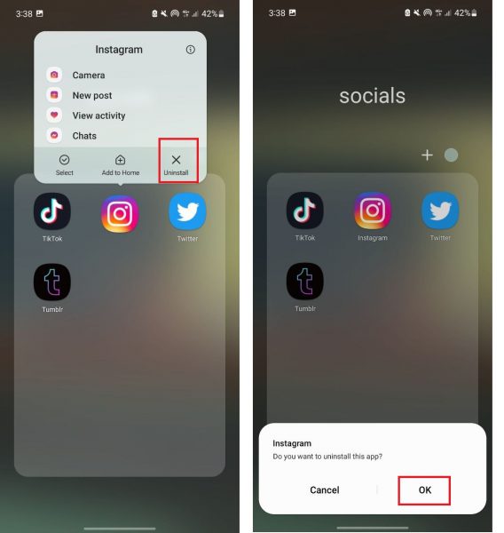 Long press on the Instagram app icon and select Uninstall