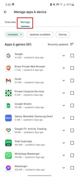 Select the Manage tab