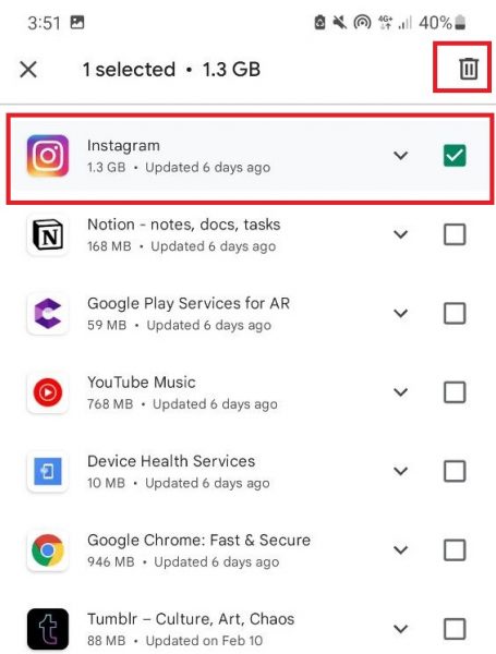 Select the uninstall icon