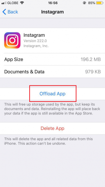 Tap on Offload App to free up space in "Other" storage on iPhone