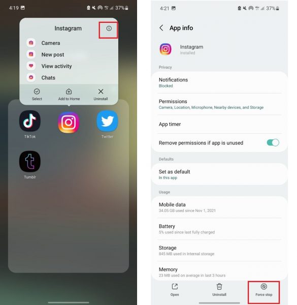 How to force stop Instagram on Android