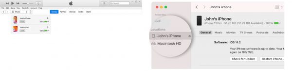Where to find your device on iTunes and Finder