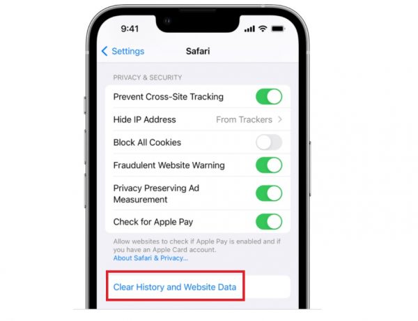 Tap on Clear History and Website Data to free up "Other" storage space on iPhone