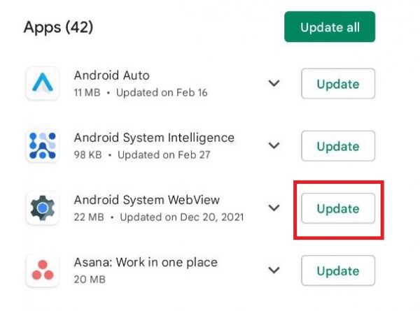 Update Android System WebVew to stop Gmail from crashing
