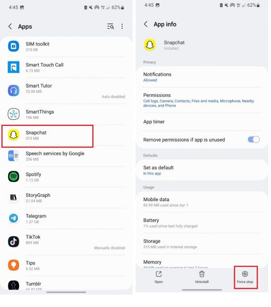 How to restart Snapchat on Android