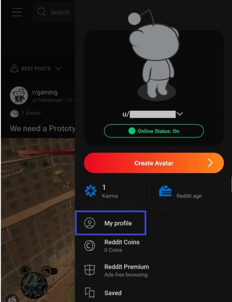 How to delete Reddit account on app - profile menu