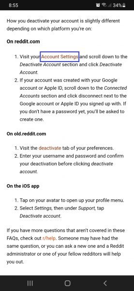 Deleting Reddit - Account Settings link