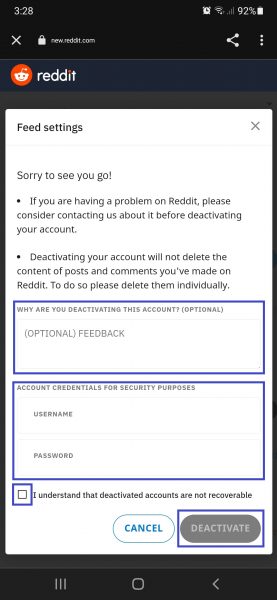 Deactivation form and button