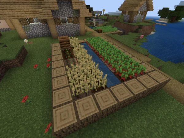 A Minecraft composter found in a village farm