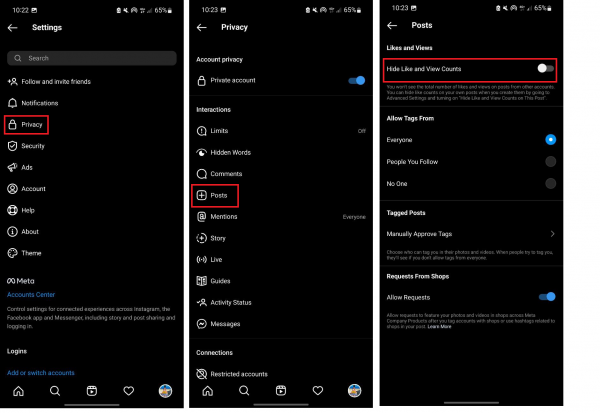 Go to Privacy>Posts>Hide Like and View Counts