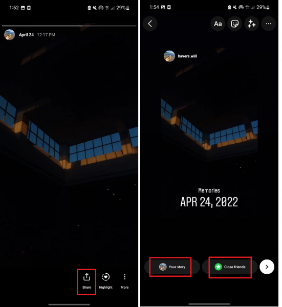 Tap share then either "Your story" or "Close friends" to repost your old Instagram Story