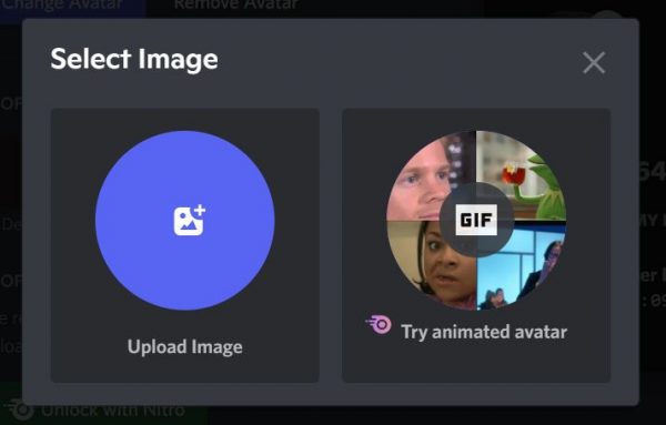 Select Upload Image to upload a GIF PFP on Discord