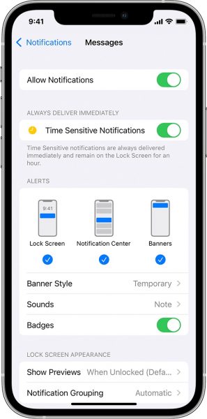 Notification settings on iOS