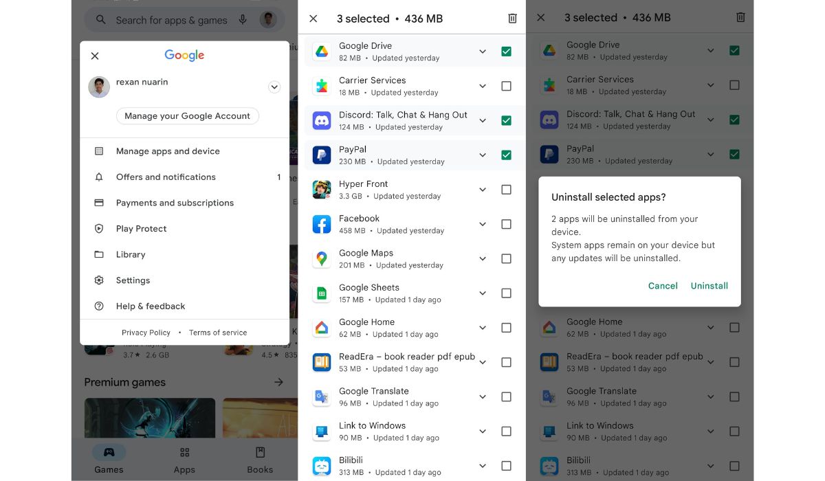 uninstall apps in google play store