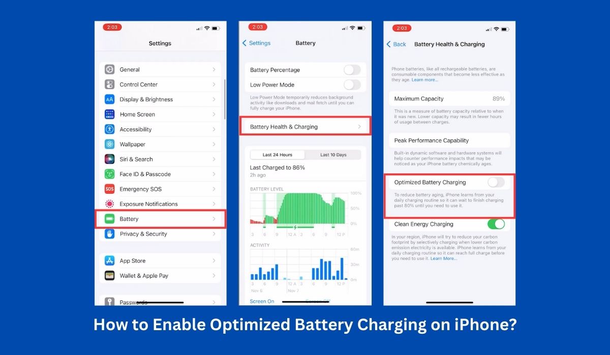 capturas de pantalla paso a paso para habilitar la carga optimizada de la batería en el iPhone