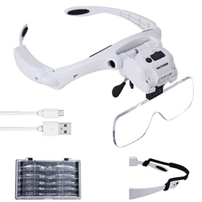 Usb Rechargeable 2 Led Auxiliary Light Wearable Magnifier Magnifying Loupe  With 4 Replaceable Lenses 1.5x/2.5x/3.5x/5x Magnification