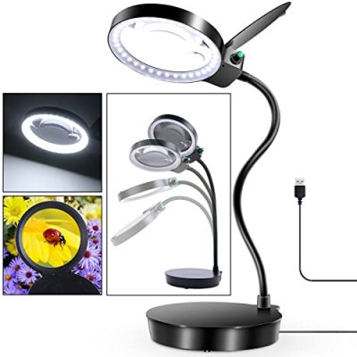 8X Magnifying Glass with Light and Stand, 2-in-1 Real Glass Lens Desk Lamp,  3 Color Modes Stepless Dimmable Magnifying Lamp & Clamp, Adjustable LED  Lighted Magnifier for Reading, Crafts, Cross Stitch 
