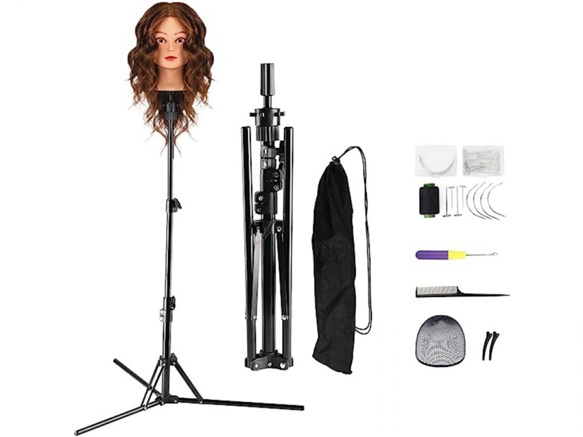 GEX Upgraded Heavy Duty Canvas Block Head Tripod Cosmetology Training Doll  Head Stand Mannequin Manikin Head Tripod Wig Stand With Travel Bag (Rose