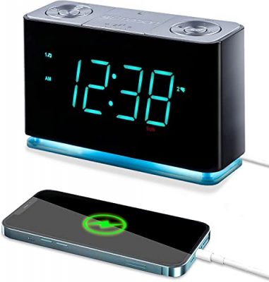 EZVALO 6 in 1 Digital Alarm Clock,Bedside Clock Radio with Fast Wireless  Charging 15W, Bluetooth Speaker,Dual Alarm for Heavy Sleepers,FM