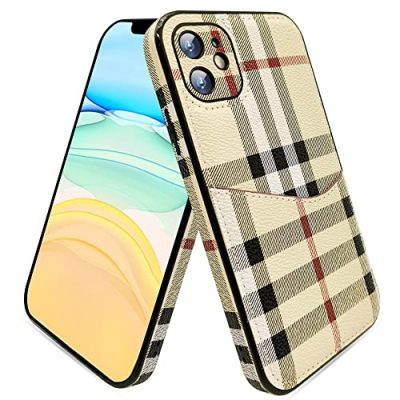 Designer Case Compatible with iPhone 13 Pro Max,Luxury Aesthetic Classic  Pattern Leather Back Cover Soft Frame Metal nameplate Cute Light Brown