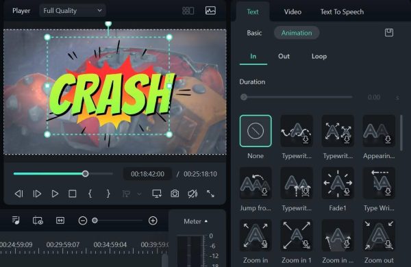 choosing animation option in filmora